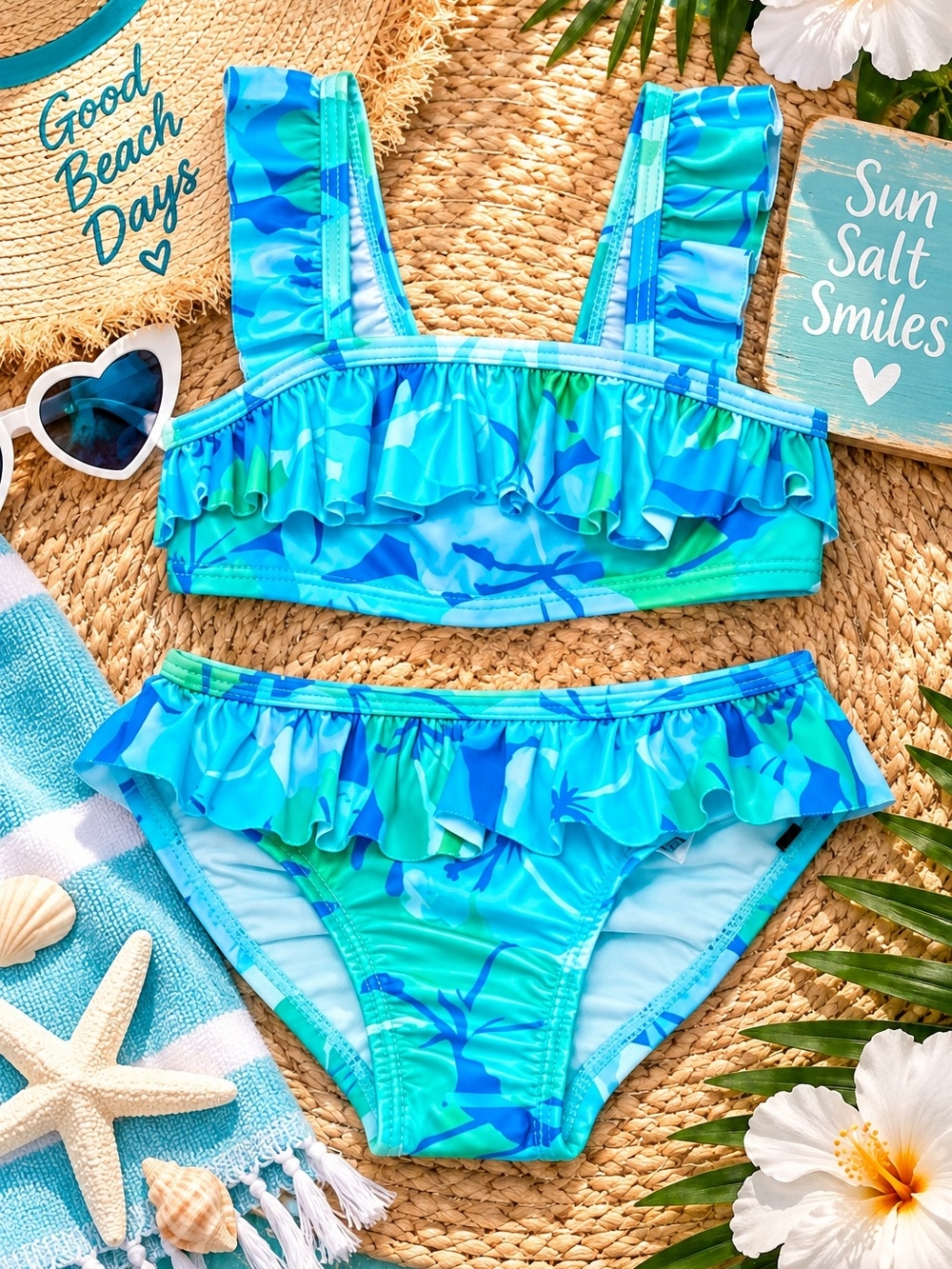 NWT Wonder Nation Soft Hibiscus Blue Green Floral Ruffle Tankini Swimsuit 4T